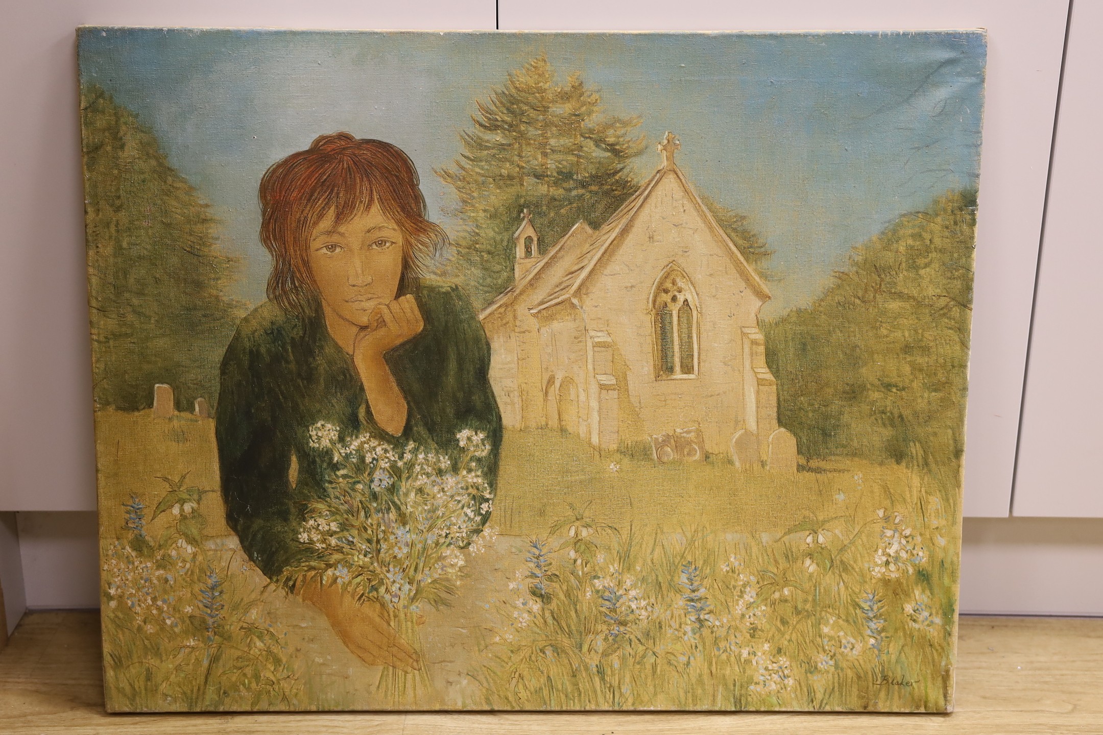 Michael Blaker (1928-2018) - Girl in a churchyard, oil on canvas, signed, unframed, 63 x 79.5cm